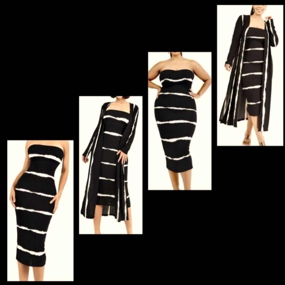 Chic Black and White Strapless Dress with Cardigan